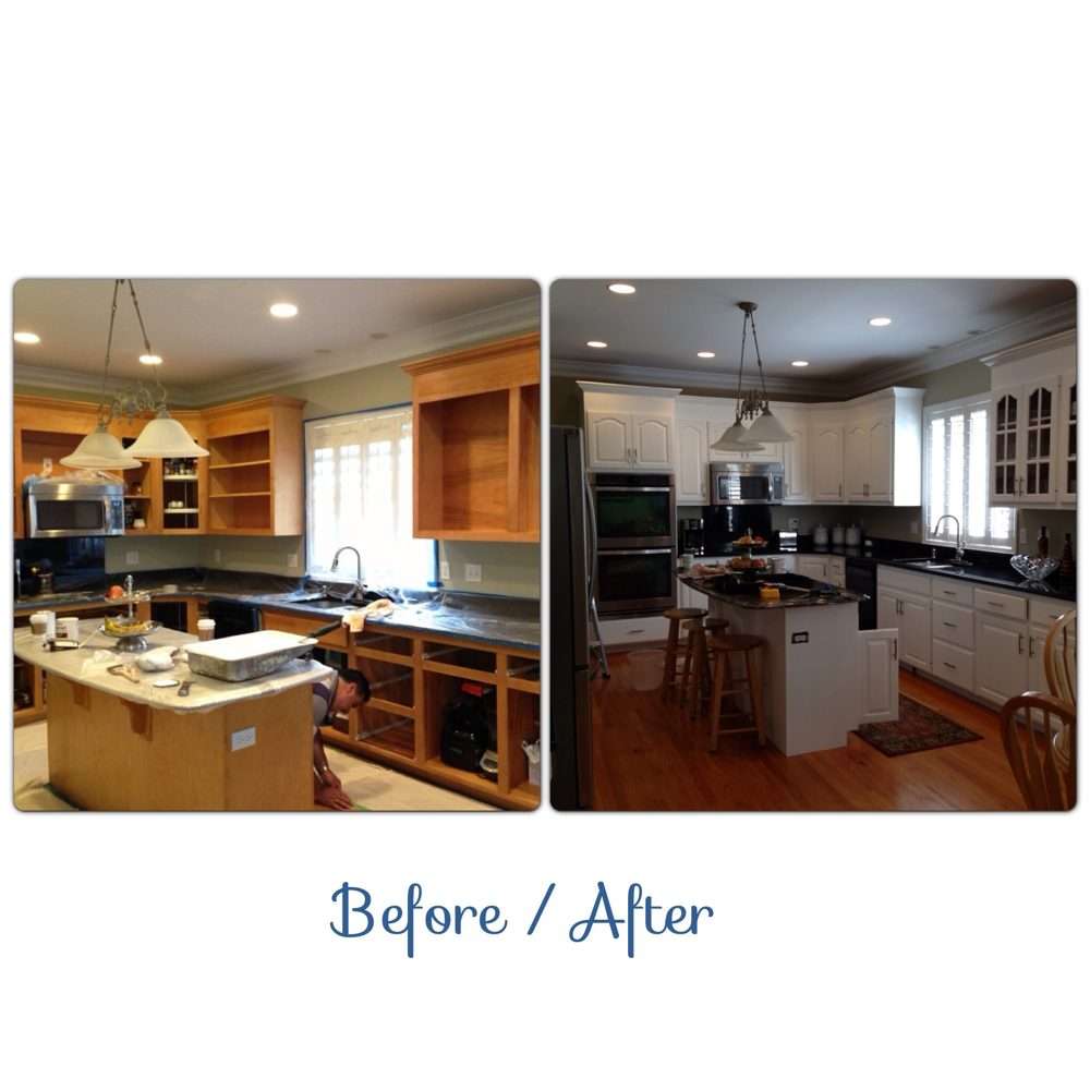 Before and after of a Connecticut kitchen cabinet refinishing project by Star Painters