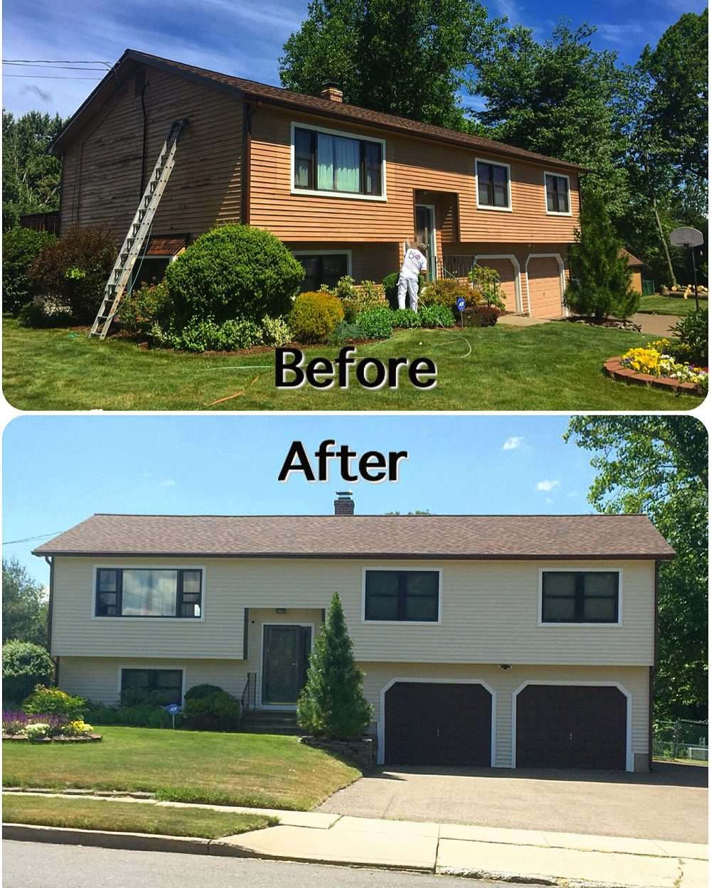 Before and after showing the results behind exterior painting cost on a Connecticut home
